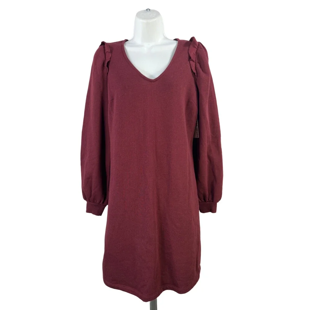 Nine West Women's Burgundy Fleece V Neck Long Sleeve Mini Sweater Dress - S
